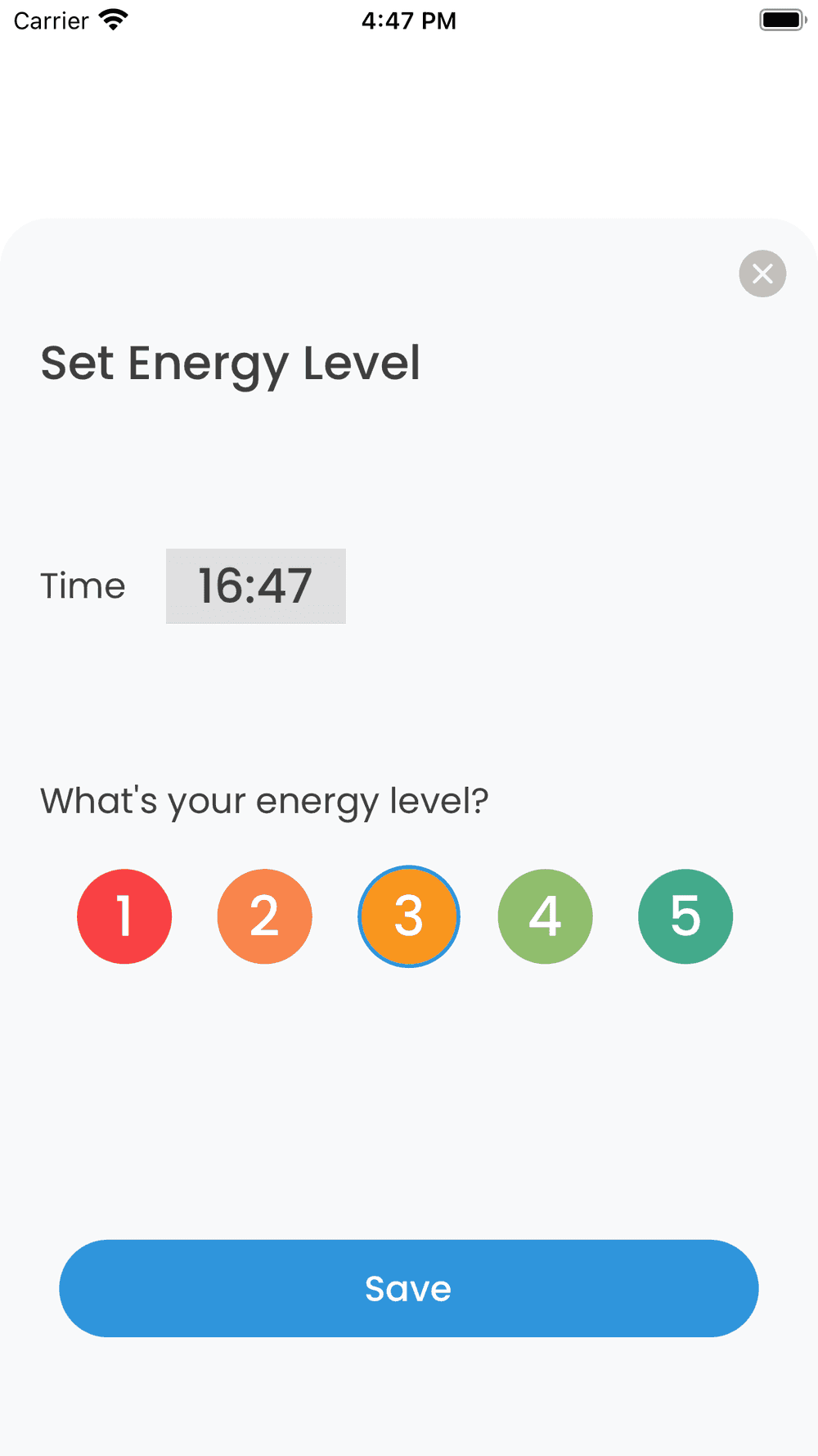 Screenshot of Energy Level Tracker App's Set Energy Level Modal