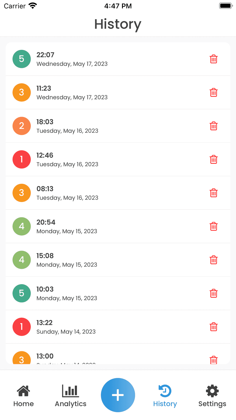 Screenshot of Energy Level Tracker App's History Screen