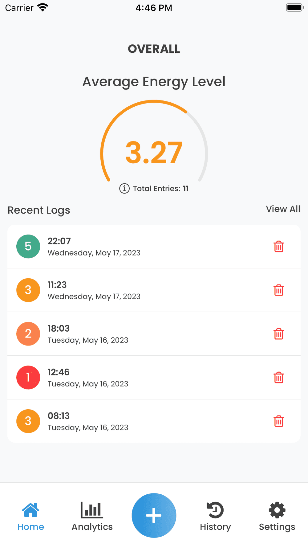 Screenshot of Energy Level Tracker App's Home Screen